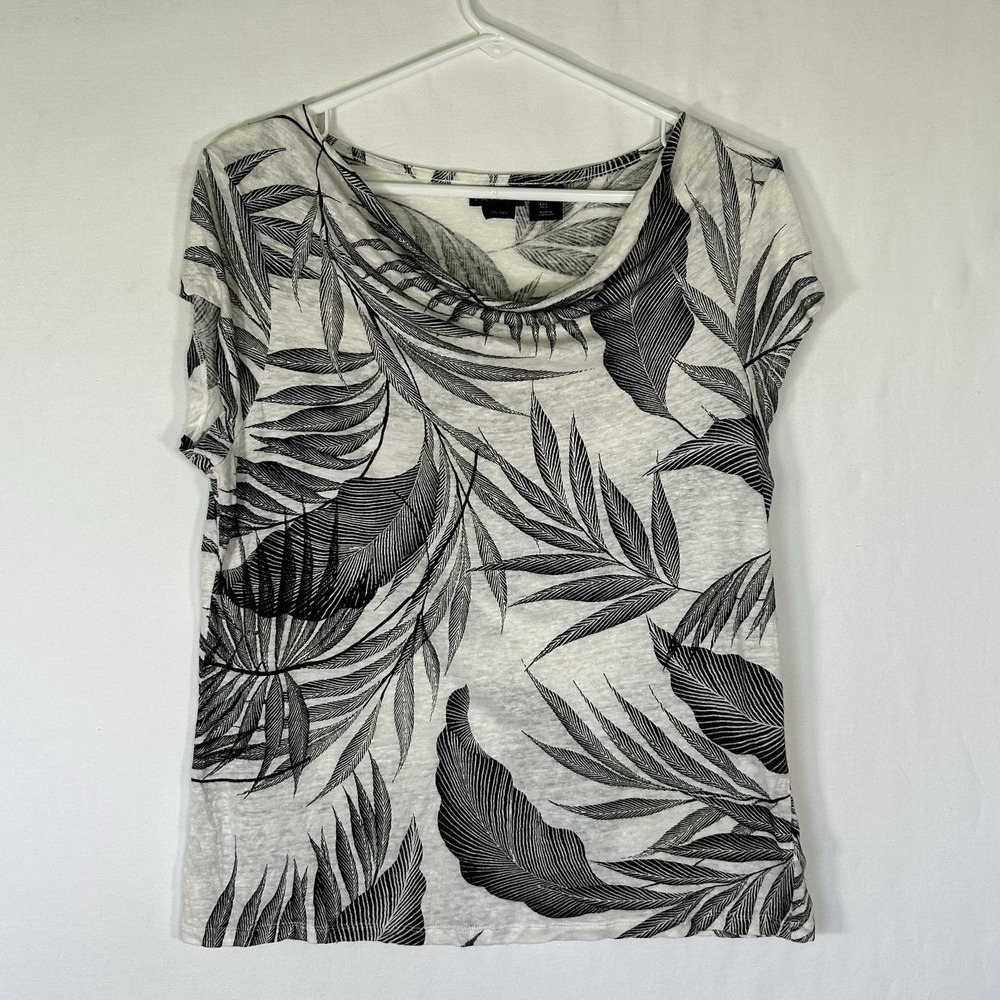 Tahari 100% Linen Tropical Palm Leaf Print Top Tunic Short Sleeve Size Large